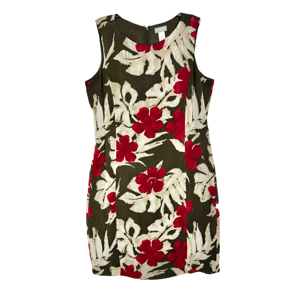 Liz Claiborne Collection Floral Chiffon Sheath Dress 16 Olive Green Red Tropical